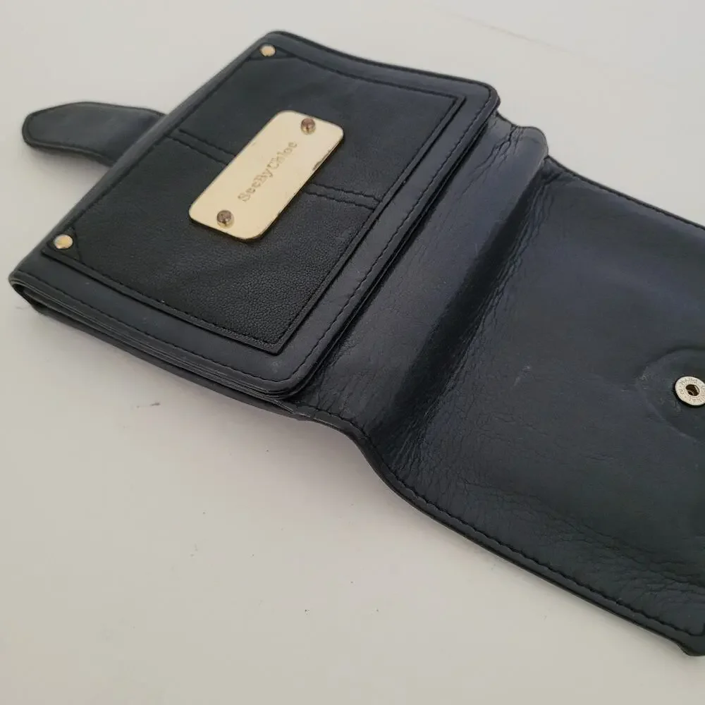 See By Chloe Card Bill Coin Wallet Logo Medium Leather Black Compact Designer‎